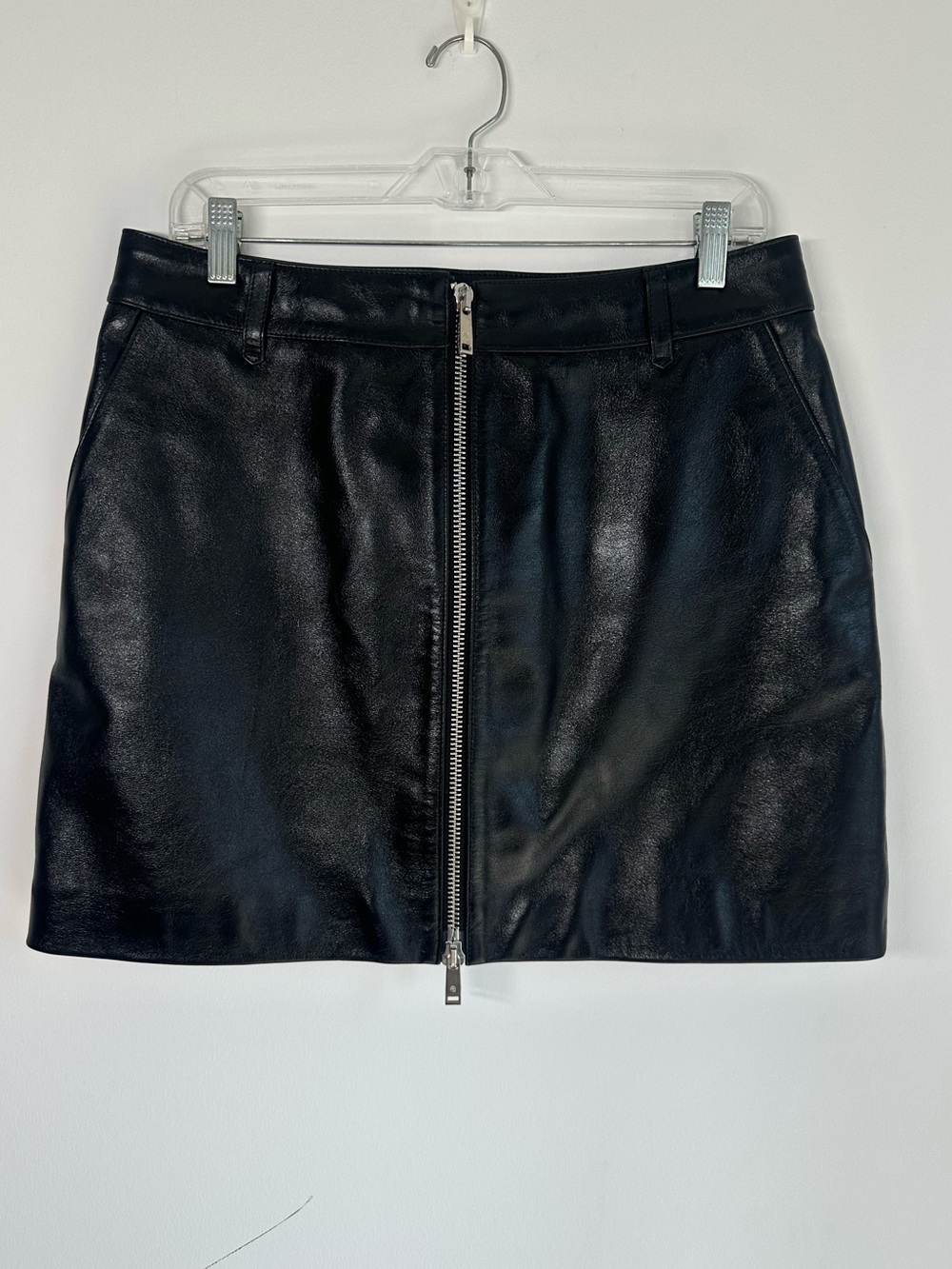 Anine Bing Black Lamb Leather Zip Front Mini Skirt Size Large